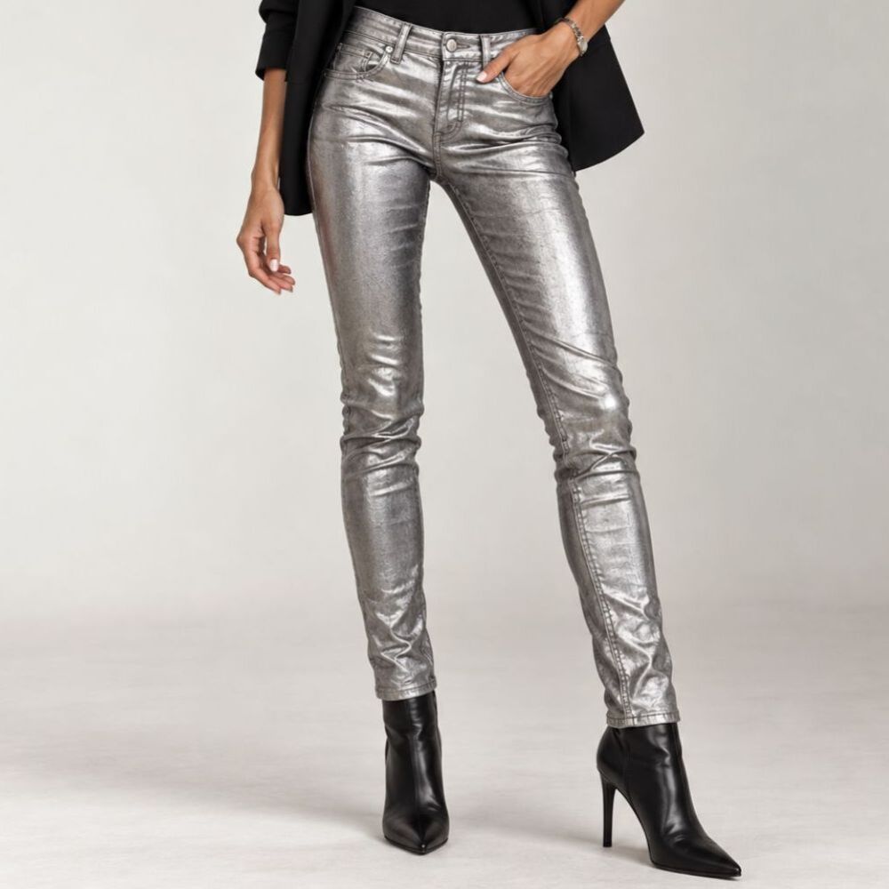 J Brand for Neiman Marcus Chrome Crinkle Metallic Silver Skinny Jeans Size 27
